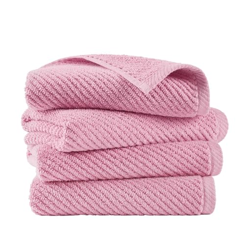 Madison Park 100% Zero Twist Cotton 4 Piece Bathroom Hand Towels, Pink | 18" x 28" Bath Hand Towels, 500 GSM Diagonal Ribbed, Soft, Quick Dry, Highly Absorbent, Durable, Modern, OEKO TEX - color: Pink, size: 4 Piece Hand Towel Set