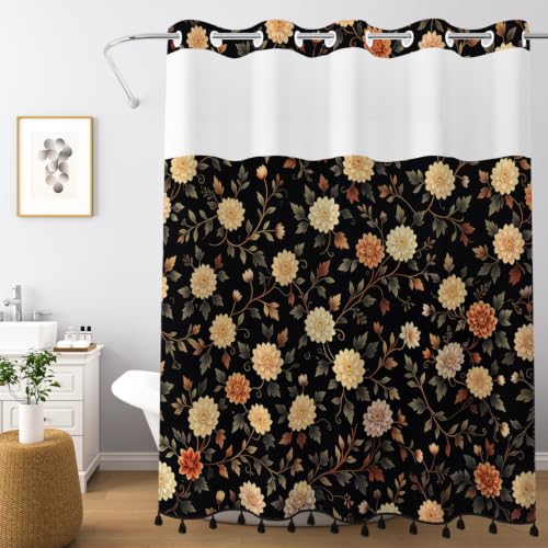 Vintage Floral Shower Curtain with Snap in Liner & Tassels, 71Wx77L | No Hook Needed, Double Layer Waterproof Fabric with Mesh Top, Dark Botanical & Flower Design for Rustic Farmhouse Bathroom - color: Vintage Floral