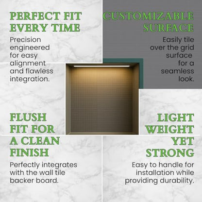 LED Light Shower Niche, Tile-Ready with Integrated Lighting, Prefab Waterproof Foam, Modern Storage for Bathroom Remodels, Soft Warm Light, Niche Douche, Square, 14x14 Inches - size: 14x14