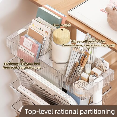 5 Tier Rolling Book Cart Multi-Functional Movable Storage Bookshelves | rolling bookshelf,Movable Storage Bookshelves with Lockable Wheels for Study Office Library Classroom, - color: Transparent White