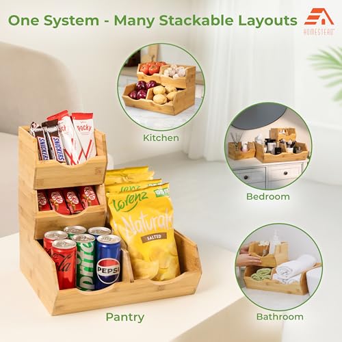 HOMESTEAD Bamboo Pantry Storage Bins – Stackable Potato & Onion Storage Bin for Kitchen Countertop, Pantry Organizer, Fruit Vegetable Basket, Multiuse - Set of 3 Slide-Out Access - size: Medium ( 3 Pack )