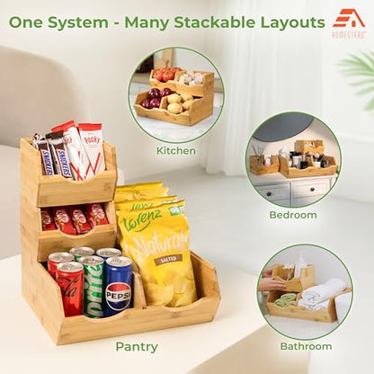 HOMESTEAD Bamboo Pantry Storage Bins – Stackable Potato & Onion Storage Bin for Kitchen Countertop, Pantry Organizer, Fruit Vegetable Basket, Multiuse - Set of 3 Slide-Out Access - size: Medium ( 3 Pack )