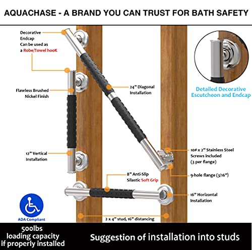 1-1/4 x 12inch Stainless Steel Bath Safety Grab Bar with Anti Slip Rubber Grip, ADA Compliant 500lbs Weight Support, Decorative Collection Miami, Brushed Nickel