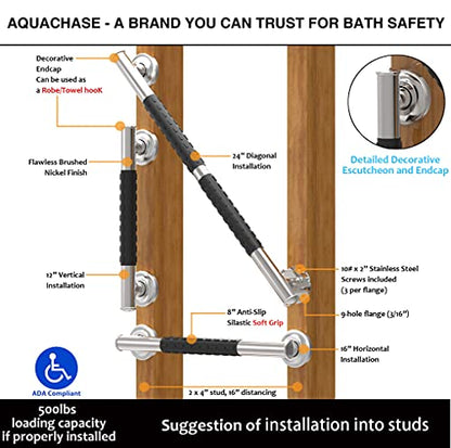 1-1/4 x 12inch Stainless Steel Bath Safety Grab Bar with Anti Slip Rubber Grip, ADA Compliant 500lbs Weight Support, Decorative Collection Miami, Brushed Nickel