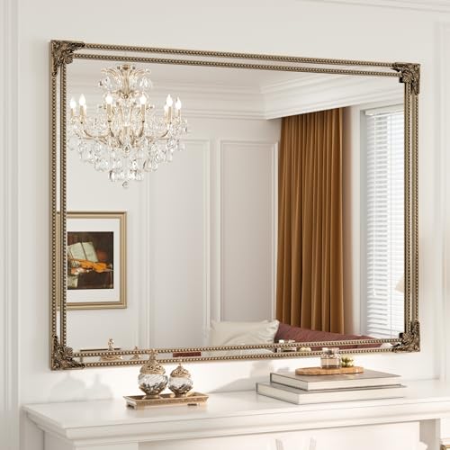 Keonjinn 48x36 Inch Gold Antique Vintage Mirror, Brass Baroque Mirror | Tempered Glass, Rectangle, Traditional Mantel Decoration, Wall Decor, Hallway, Fireplace, Entryway, Living Room, Anti-Rust - color: Antique Brass, size: 36"L x 48"W