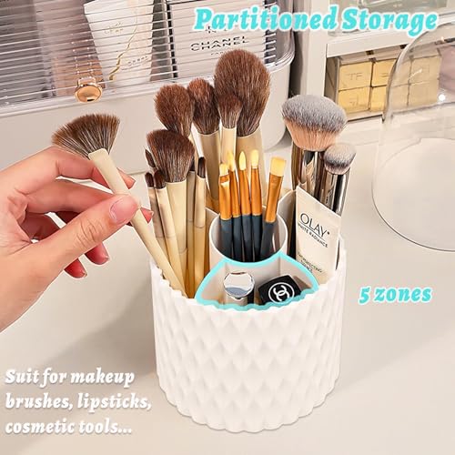 360°Smooth Rotating Makeup Brush Holder with Dustproof Lid Spinning Vanity Organizer for Beauty Lipstick Perfume,Brushes Storage Container,Countertop,Dressing Table,Bathroom Desk (White)