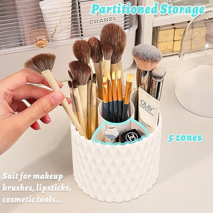 360°Smooth Rotating Makeup Brush Holder with Dustproof Lid Spinning Vanity Organizer for Beauty Lipstick Perfume,Brushes Storage Container,Countertop,Dressing Table,Bathroom Desk (White)