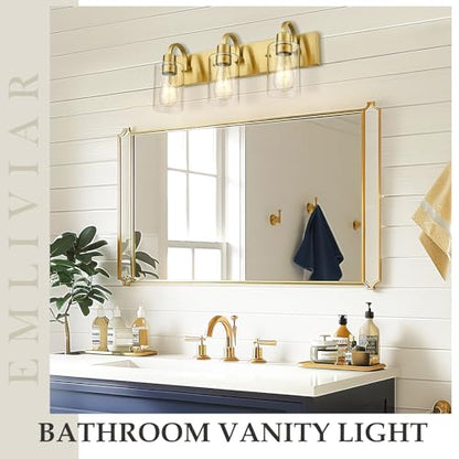 Emliviar 3-Light Vanity Lights for Bathroom, Brushed Gold Bathroom Light with Clear Glass Shade, YCE237B-3W BG - color: Brushed Gold - Clear Glass, size: 3-Light