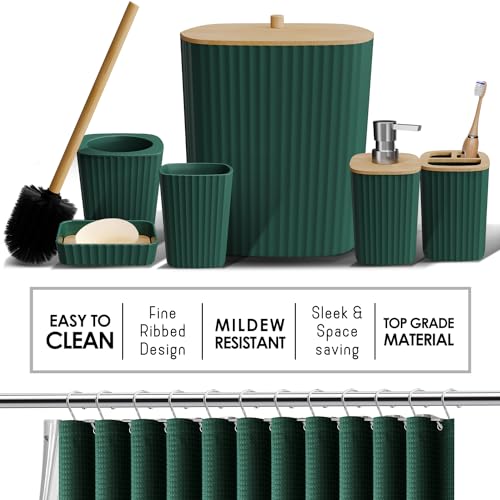 Clara Clark Bathroom Set, Bathroom Sets with Shower Curtain and Rugs | 22 Piece Hunter Green Bathroom Accessories Set with Toothbrush Holder, Soap Dispenser, Soap Dish, Toilet Brush, and Trash Can - color: Hunter Green, size: Complete Set + Bath Rugs