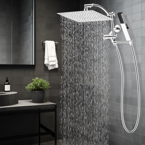 Hibbent All Metal CUPC Certified 12'' Rainfall Shower Head, Dual Shower Head Combo with 4 Handheld Sprays, High Pressure Shower Wand, 16'' Adjustable Extension Arm, 71'' Hose, Shower Holder, Chrome - color: Chrome, style: Square 12''