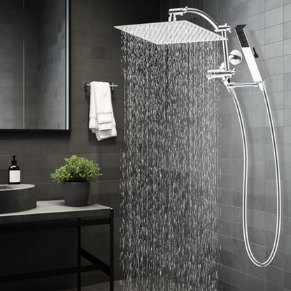 Hibbent All Metal CUPC Certified 12'' Rainfall Shower Head, Dual Shower Head Combo with 4 Handheld Sprays, High Pressure Shower Wand, 16'' Adjustable Extension Arm, 71'' Hose, Shower Holder, Chrome - color: Chrome, style: Square 12''