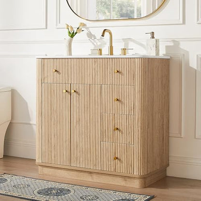T4TREAM 36" Fluted Bathroom Vanity with Single Sink, Natural Oak | Integrated Ceramic Sink, Large Storage Cabinet, Adjustable Shelf, 3 Drawers, Three pre-drilled faucet holes, Mid-Century - color: Natural Oak, size: 36" (Single Sink)