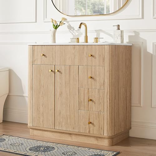 T4TREAM 72" Fluted Bathroom Vanity with 2 Single Sinks, Natural Oak | Integrated Ceramic Sink, Large Storage Cabinet, Adjustable Shelf, 3 Drawers, Three pre-drilled faucet holes, Mid-Century - color: Natural Oak, size: 72" (2 Single Sinks)