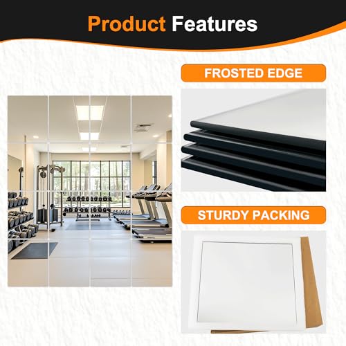 Home Gym Mirror Tiles, 14'' x 12'' Glass Frameless Mirror | 16 PCS, For Home Gym, Bedroom, Door, Bathroom - size: 14''x12''-16PCS