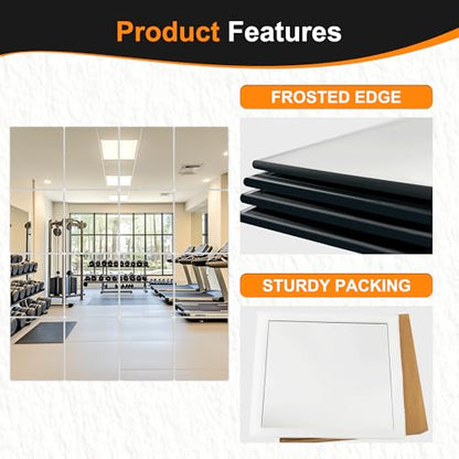 Home Gym Mirror Tiles, 14'' x 12'' Glass Frameless Mirror | 16 PCS, For Home Gym, Bedroom, Door, Bathroom - size: 14''x12''-16PCS