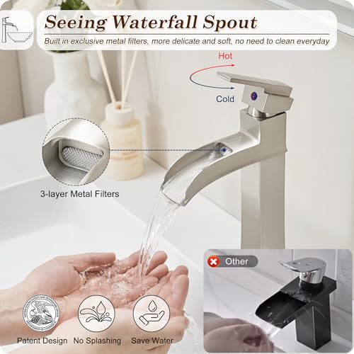 Brushed Nickel Bathroom Vessel Sink Faucet, 12 Inch Brass Waterfall Tall Bathroom Faucet 1 Hole with Drain, Single Handle for Countertop Vanity Modern Retro Farmhouse Bowl Sink, 5 Mins Install - color: Brushed Nickel - Modern