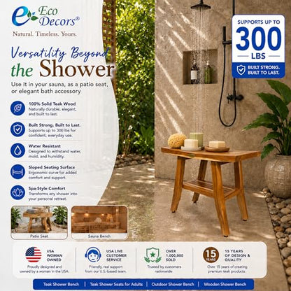 EcoDecors 21-Inch Teak Shower Bench with Shelf, Waterproof, Non-Slip | Solid teak shower bench crafted from plantation teak with natural water resistance for durable bathroom and spa use