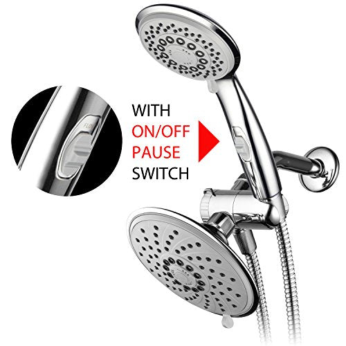 HotelSpa 6''/4'' Ultra-Luxury 3 way Rainfall Shower-Head/Handheld Shower Gray Spiral Combo w/Patented ON/OFF Pause Switch and 5-7 foot Stretchable Stainless Steel Hose - color: Chrome & Gray