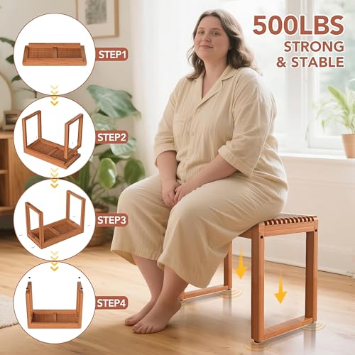 Wide Teak Shower Bench 23.6” – Heavy Duty 500 lbs Wooden Bath Stool, Comfortable Shower Seat for Shaving Legs & Elderly - size: Large