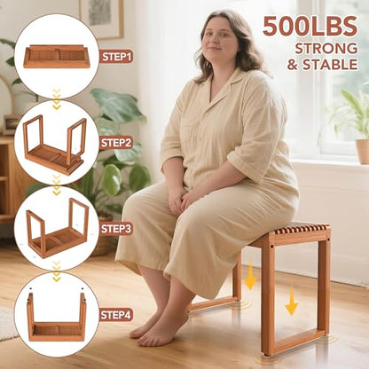 Wide Teak Shower Bench 23.6” – Heavy Duty 500 lbs Wooden Bath Stool, Comfortable Shower Seat for Shaving Legs & Elderly - size: Large