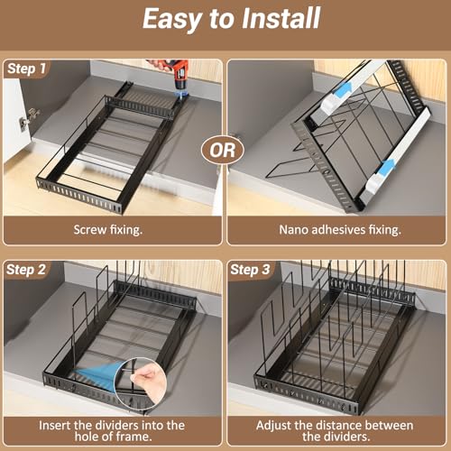 Housolution Pull Out Baking Tray and Cookie Sheet Cutting Board Organizer | 21.5" Deep & 12" Wide, 4 Adjustable Dividers, Sliding Rail Design, Sturdy Metal Structure, Adhesive/Screw Fixing - color: Black, 4 Dividers, size: Large