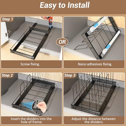 Housolution Pull Out Baking Tray and Cookie Sheet Cutting Board Organizer | 21.5" Deep & 12" Wide, 4 Adjustable Dividers, Sliding Rail Design, Sturdy Metal Structure, Adhesive/Screw Fixing - color: Black, 4 Dividers, size: Large