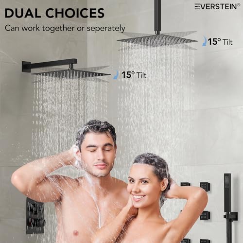 12" High-Pressure Rainfall Shower Faucet with Valve for Bathroom, Dual Rainfall Shower Head System with 6 Body Jets (Matte Black) | High-Pressure, Dual 12" Rainfall Shower Head System, 6 Body Jets, Rough in-Valve - color: Matte Black