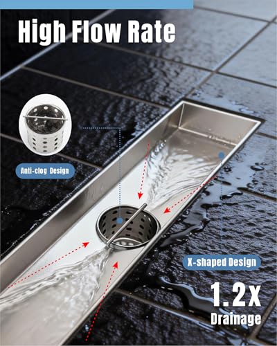 24 Inch Brushed Stainless Steel Linear Shower Drain | CUPC Certified 2-in-1 Tile Insert for Curbless Showers. 304 Steel, 15.8GPM Flow. Includes Hair Catcher & Adjustable Feet. - color: Brushed Stainless, size: 24in