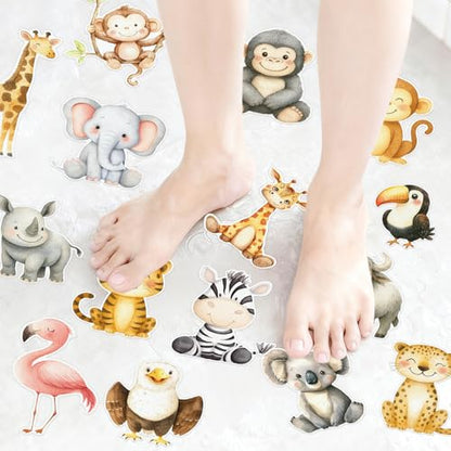 Whaline 24Pcs Woodland Animal Bathroom Non Slip Stickers Waterproof Anti Slip Bathtub Treads with Scraper Cartoon Forest Animal Adhesive Decals for Bathroom Shower Floor Decor