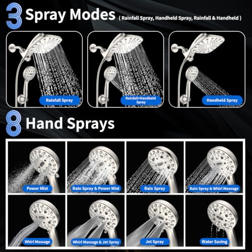 Dual Rainfall Shower Head With Handheld Showerhead, High Pressure Shower Head With Handheld Spray Combo, 8-Mode Showerhead with Adjustable Extension Arm, 71 Inch Hose & Suction Cup Holder, Starlight - color: Starlight