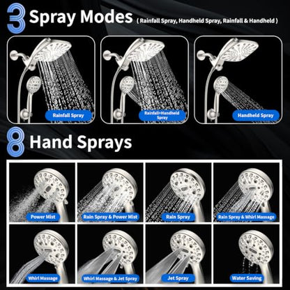 Dual Rainfall Shower Head With Handheld Showerhead, High Pressure Shower Head With Handheld Spray Combo, 8-Mode Showerhead with Adjustable Extension Arm, 71 Inch Hose & Suction Cup Holder, Starlight - color: Starlight