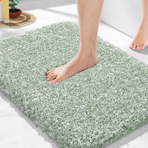 Yimobra Bathroom Rugs for Home Essentials, Non Slip Washable Bath Mat, Soft Water Absorbent Plush Shower Rug for Bathroom Floor, Bath Decor Accessories, 24X17, Light Green White - color: Light Green and White, size: 17" X 24"