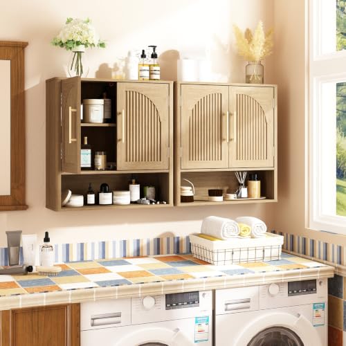 RUSTOWN Fluted Bathroom Wall Cabinet with Arched Doors & Rounded Edges | Over The Toilet Storage Cabinet with Adjustable Shelf, Mid Century Modern Medicine Cabinets, Laundry & Kitchen Shelving Unit - color: Natural Oak