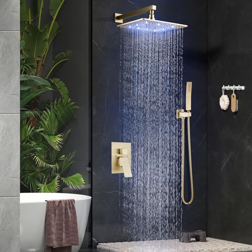 Aolemi Shower Faucet Set with Valve Handheld 10" LED Head Brushed Gold | Handheld Spray,10 Inch Rain LED Head,Valve and Trim Kit,All Metal,Wall Mount Shower System,Bathroom Mixer - color: Gold, size: 10 Inch LED Shower Head