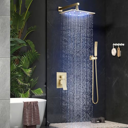Aolemi Shower Faucet Set with Valve Handheld 10" LED Head Brushed Gold | Handheld Spray,10 Inch Rain LED Head,Valve and Trim Kit,All Metal,Wall Mount Shower System,Bathroom Mixer - color: Gold, size: 10 Inch LED Shower Head