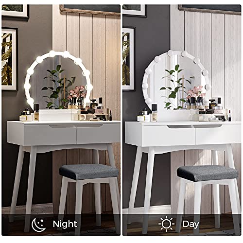 VASAGLE Makeup Vanity Set with 10 Light Bulbs and Touch Switch, Dressing Makeup Table Desk with Large Round Mirror, 2 Sliding Drawers, 1 Cushioned Stool, White URDT11WL - style: 31.5"W 2 Drawers Vanity Desk - White