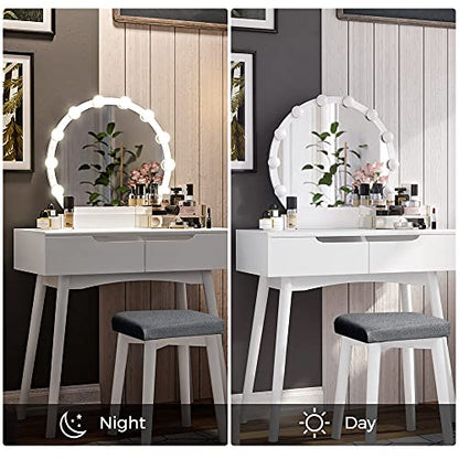 VASAGLE Makeup Vanity Set with 10 Light Bulbs and Touch Switch, Dressing Makeup Table Desk with Large Round Mirror, 2 Sliding Drawers, 1 Cushioned Stool, White URDT11WL - style: 31.5"W 2 Drawers Vanity Desk - White