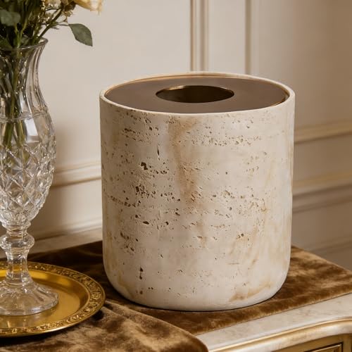 Natural Travertine Textures Mini Trash Can with Rose Gold Stainless Steel Lid, Mini Countertop Trash Can for Bathroom Kitchen, Desk or Table top Mini Garbage Can, Resin Tiny Waste Basket for Vanity - color: Beige Travertine
