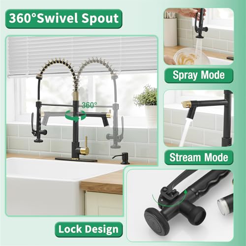 Fapully Commercial Kitchen Faucets with Pull Down Sprayer Matte Black&Gold | LED Kitchen Faucet with Soap Dispenser and Deck Plack for 4 Hole, Single Handle Faucet for Kitchen Sink - color: Black&Gold, style: Contemporary