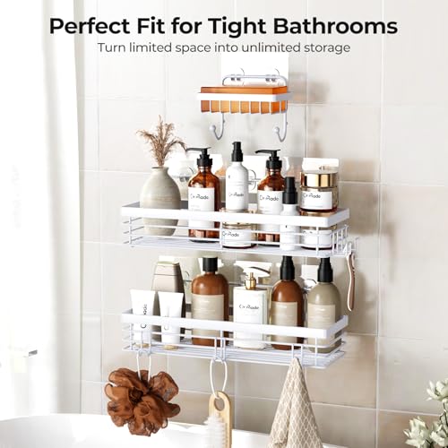Orimade Adhesive Shower Caddy Soap Dish Holder Shelf with 5 Hooks Bathroom Organizer Basket Kitchen Storage Rack Wall Mounted No Drilling Stainless Steel - 3 Pack, White - color: White - 3 Pack