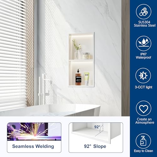 White 2-Tier 3 CCT LED Niche, 12"x24" No-Tile Shower Storage | shower niche with 3-Temperature LED Strip Light (4000K/6000K/3000K),Waterproof, Sturdy&Durable,304 Stainless Steel Wall Niche - color: White, size: 12X24In