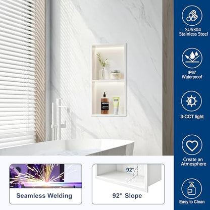 White 2-Tier 3 CCT LED Niche, 12"x24" No-Tile Shower Storage | shower niche with 3-Temperature LED Strip Light (4000K/6000K/3000K),Waterproof, Sturdy&Durable,304 Stainless Steel Wall Niche - color: White, size: 12X24In