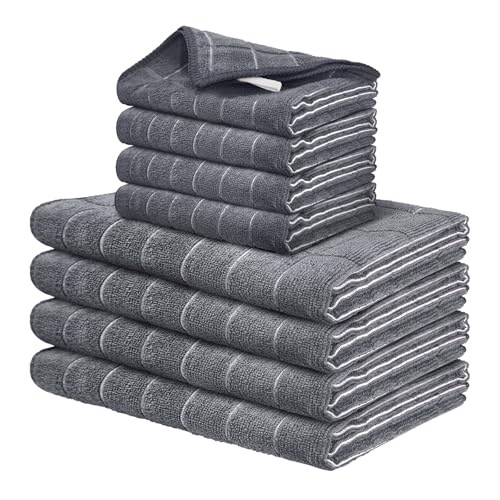 FGSAEOR Microfiber Kitchen Towels & Dish Cloths Set - Premium Ultra-Soft, Super Absorbent, Quick-Drying Dish Towels - Grey Checkered, 8-Pack (12"x12" & 18"x26") for Dishes, Multi-Purpose