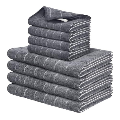 FGSAEOR Microfiber Kitchen Towels & Dish Cloths Set - Premium Ultra-Soft, Super Absorbent, Quick-Drying Dish Towels - Grey Checkered, 8-Pack (12"x12" & 18"x26") for Dishes, Multi-Purpose