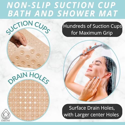 ENKOSI Non-Slip Bath & Shower Mat 40x16 Extra Long, Suction & Drain Holes | Beige color; Durable PVC; 40x16 in, Beige - color: Beige Opaque