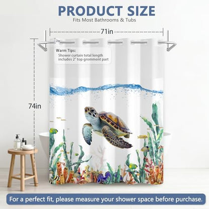 Sea Turtle Shower Curtain Set, Ringless Shower Curtains with Snap-in Washable Shower Curtain Liner and See-Through Window, Nautical Bathroom Decor, 71x74 Inches - color: Cruising Sea Turtle