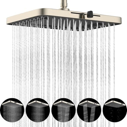 Hibbent cUPC Certified 5 Spray Modes Shower Head, 13'' High Pressure Large Rainfall Shower Head, High Flow Waterfall Bathroom Fixed Showerheads, Adjustable Swivel Ball Joint, Brushed Nickel - color: Brushed Nickel, style: Square 13''