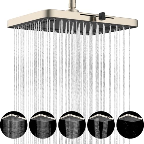 Hibbent cUPC Certified 5 Spray Modes Shower Head, 13'' High Pressure Large Rainfall Shower Head, High Flow Waterfall Bathroom Fixed Showerheads, Adjustable Swivel Ball Joint, Brushed Nickel - color: Brushed Nickel, style: Square 13''