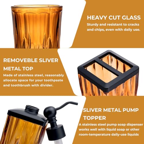 Amber Bathroom Accessories, Square Thick Glass & Zinc Alloy Pump | Beautiful & weight, 5 pcs soap dispenser, toothbrush holder, soap dish, tumbler & jar, for mission/amish style - style: Square(Amber)