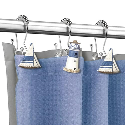 Sunlit Nautical Double Shower Curtain Hooks, Home Decorative Coastal Shower Curtain Rings for Bathroom, Resin, Ocean Shower Curtain Hanger Hooks for Living Room, Set of 12, Blue Lighthouse Sailboat - size: Sailboat & Lighthouse With Double Hooks